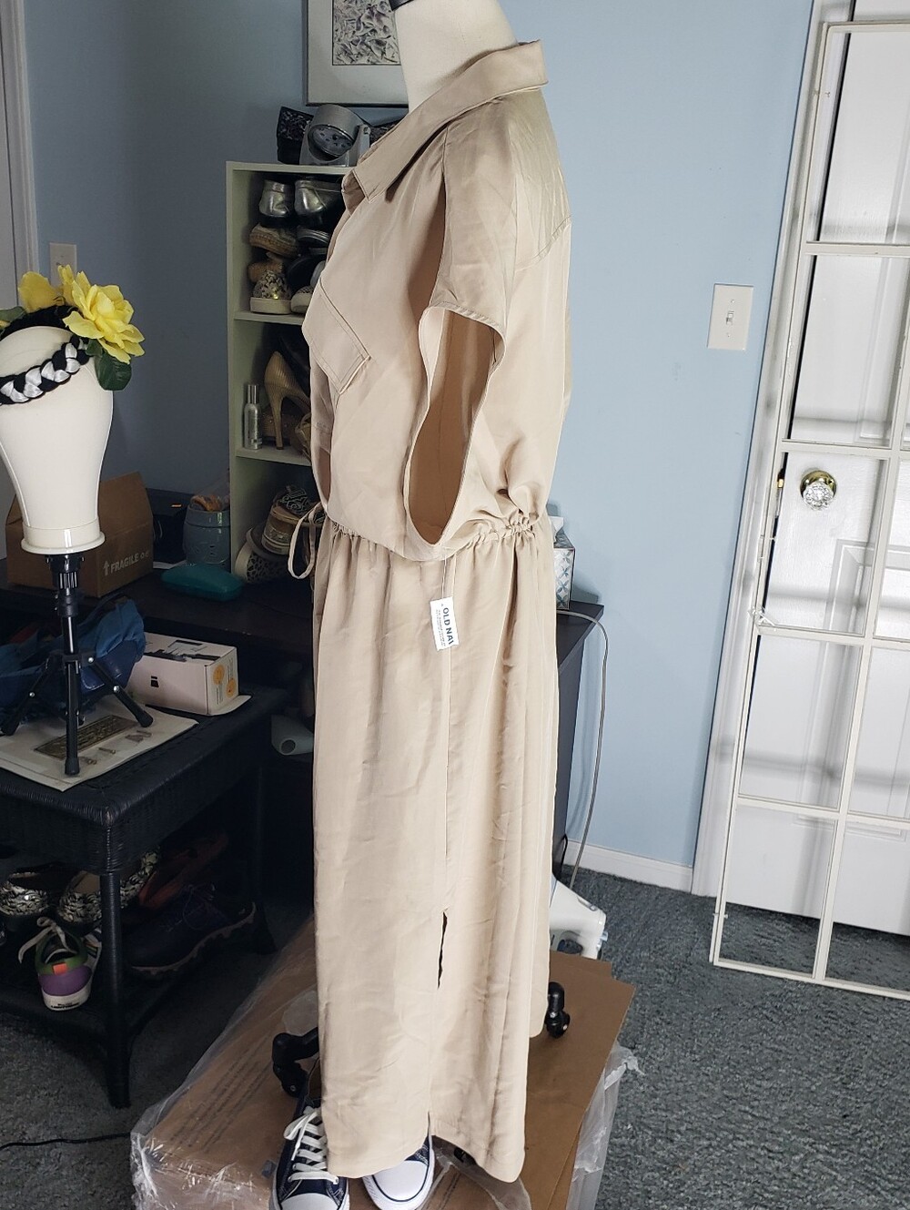 Khaki Old Navy Drawstring Waist Shirtdress 2X Button-Front Safari Preppy Minimal - Picture 6 of 15